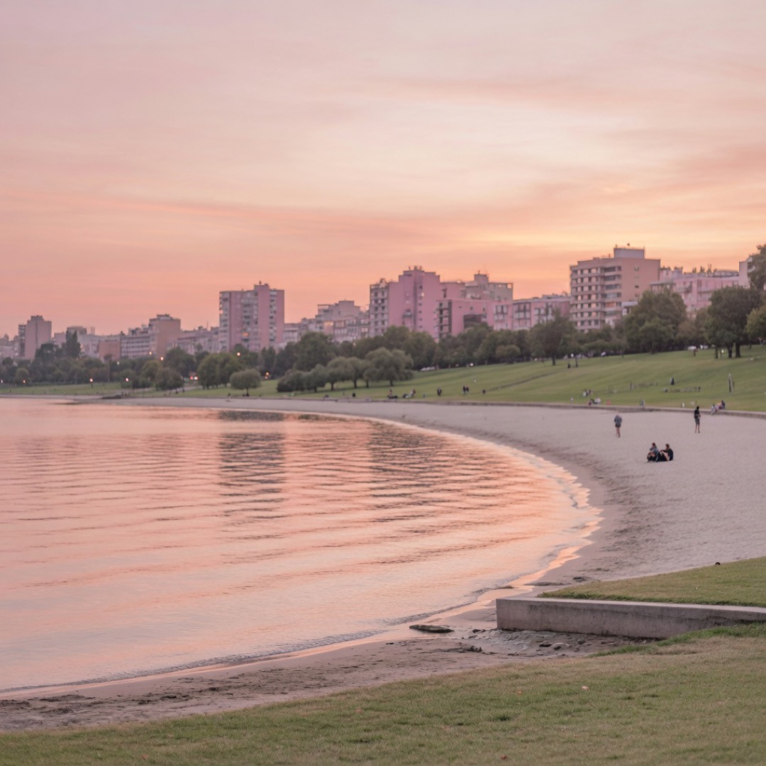 Sloterplas lake with its city beach and lawns at sunset