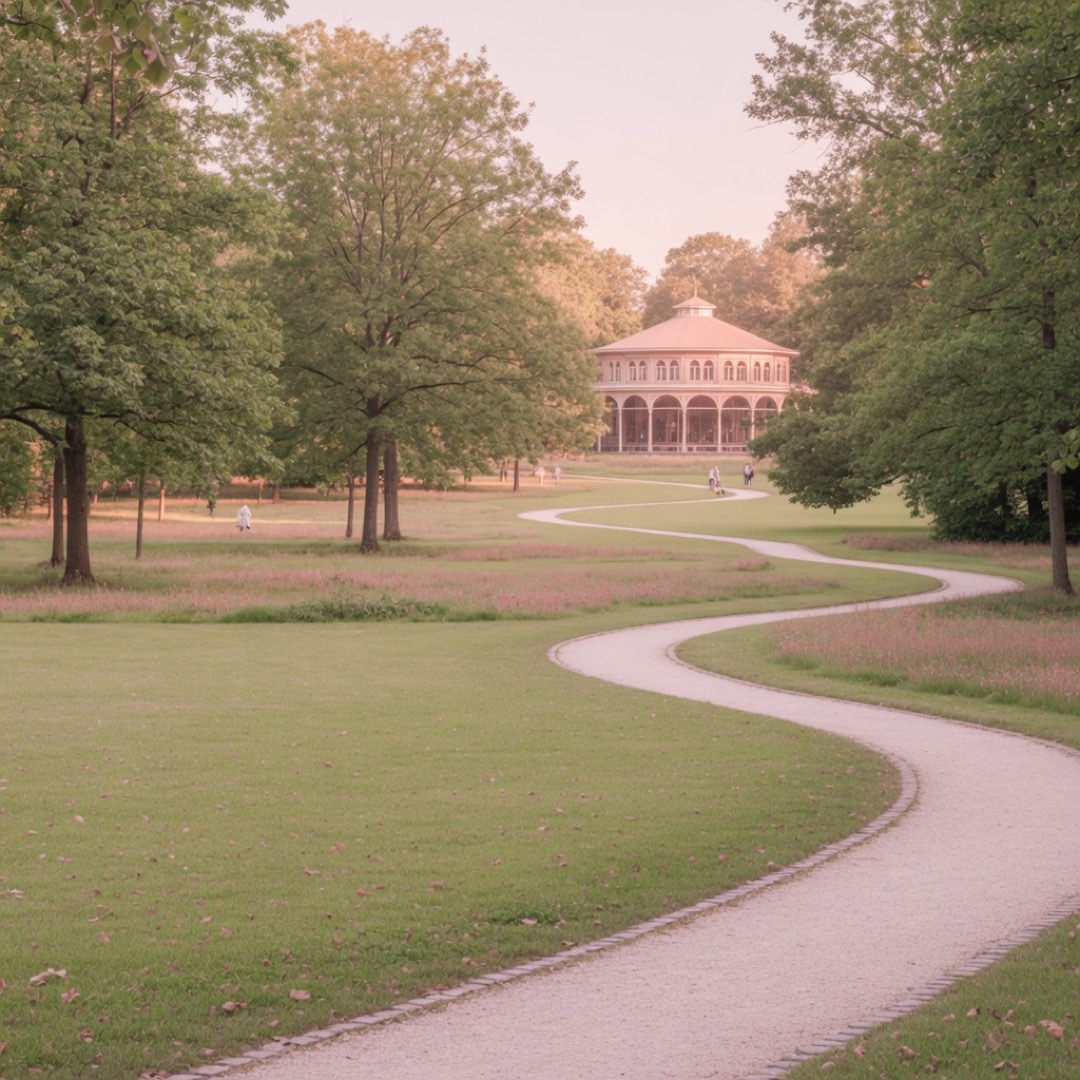 Lawns and paths of Vondelpark with the Blauwe Theehuis café