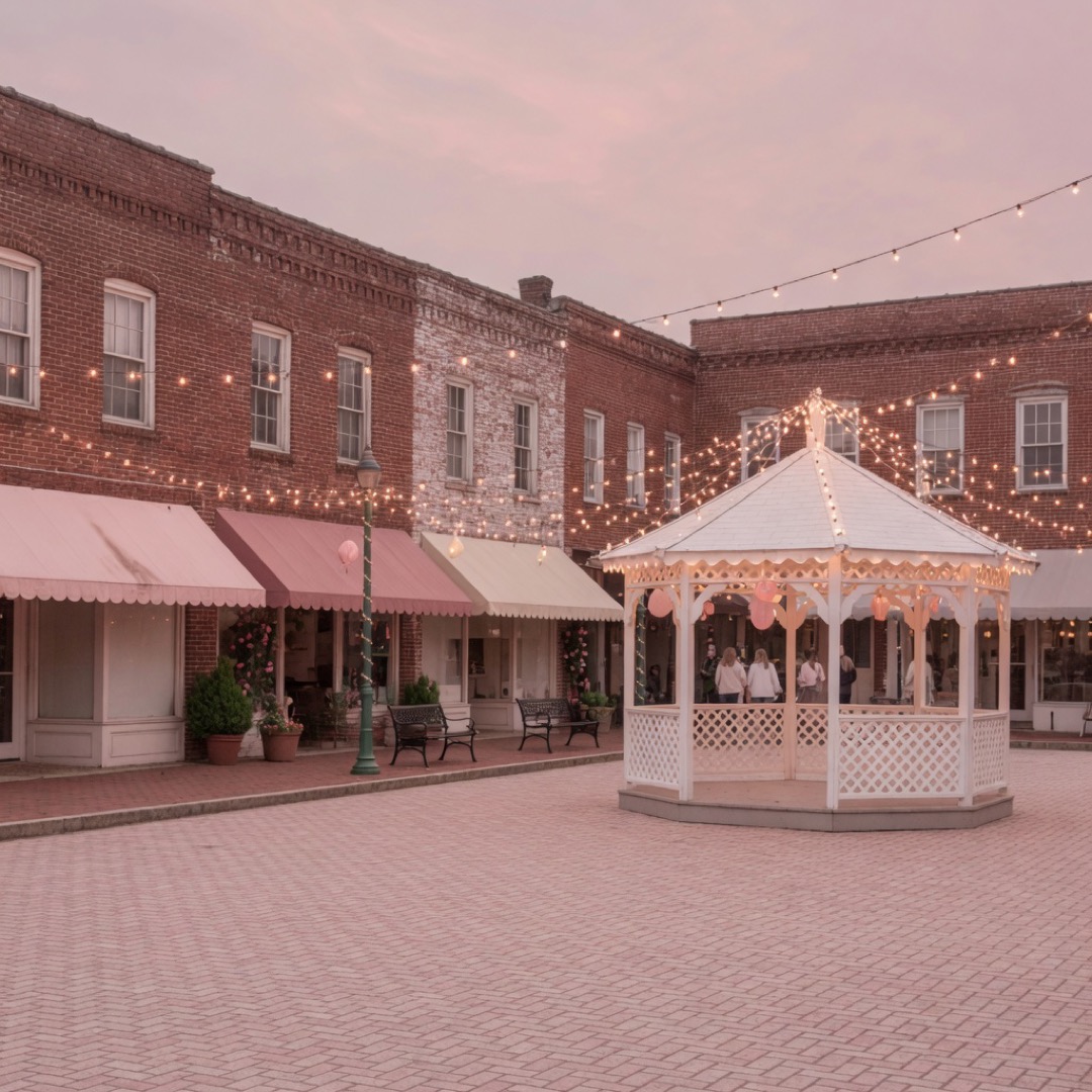 Square with lawn and shops in Decatur, Georgia