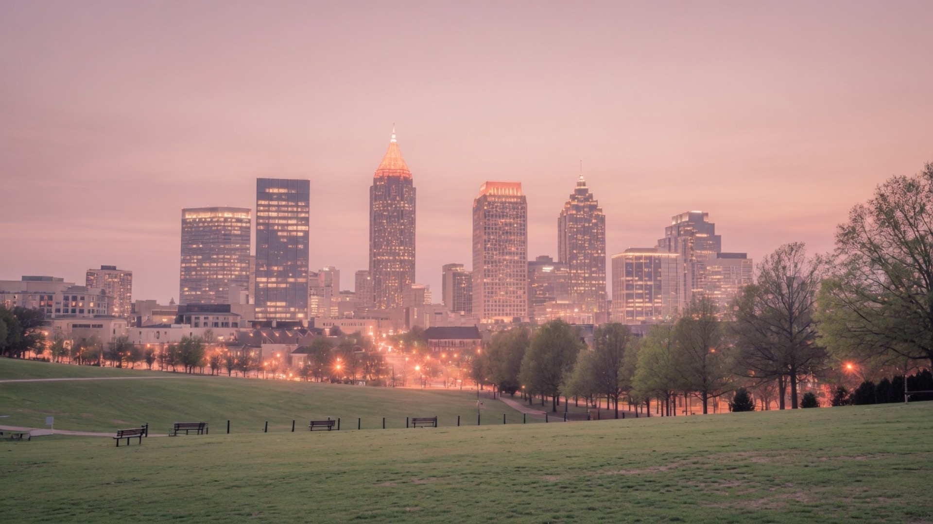Green dusk light over Atlanta and its tree-lined corridors
