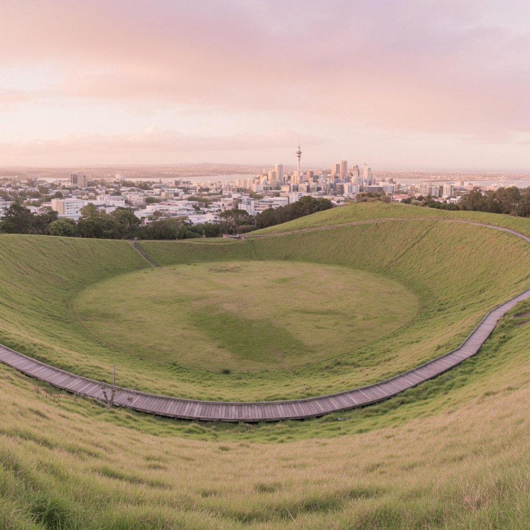 The crater and summit boardwalk of Maungawhau Mount Eden with the Auckland skyline