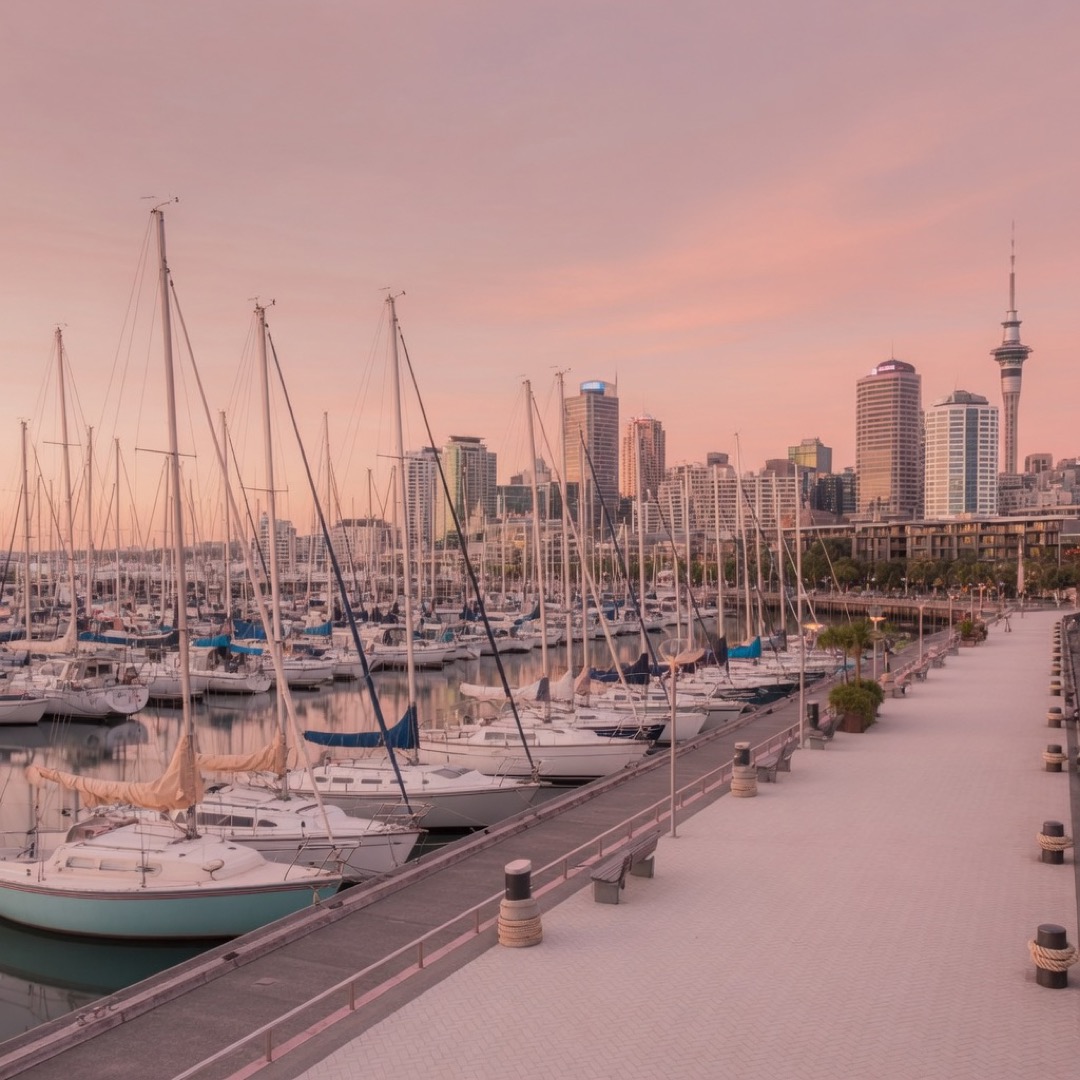 Marina and promenade at Auckland's Viaduct Harbour in the evening