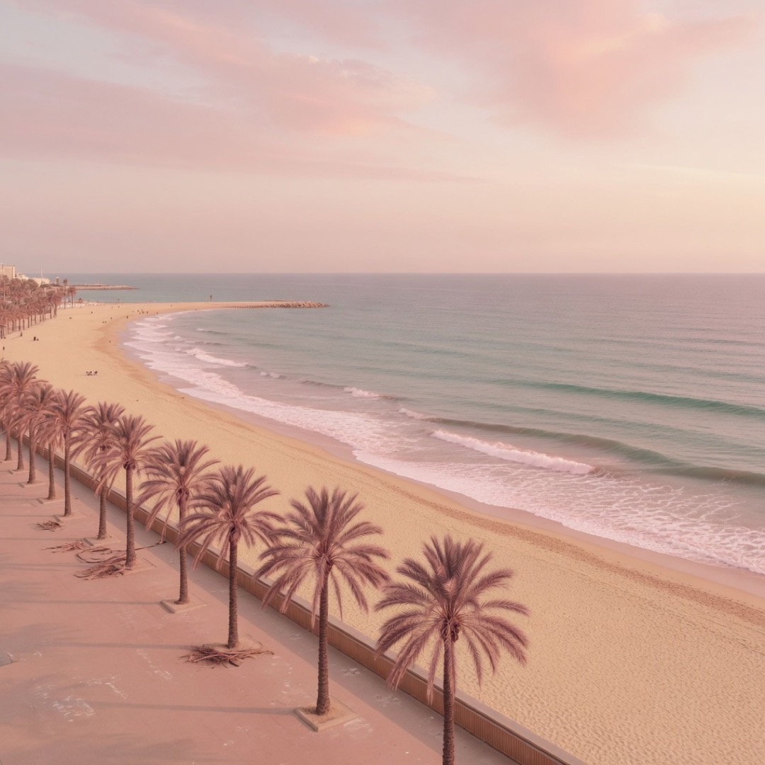Barceloneta beach and promenade with the Mediterranean in soft light