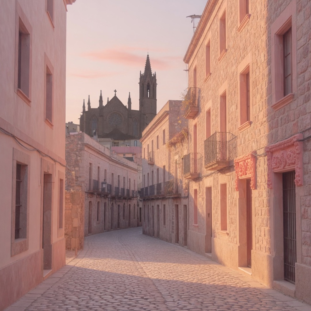 Cobbled streets of El Born with Santa Maria del Mar in the background