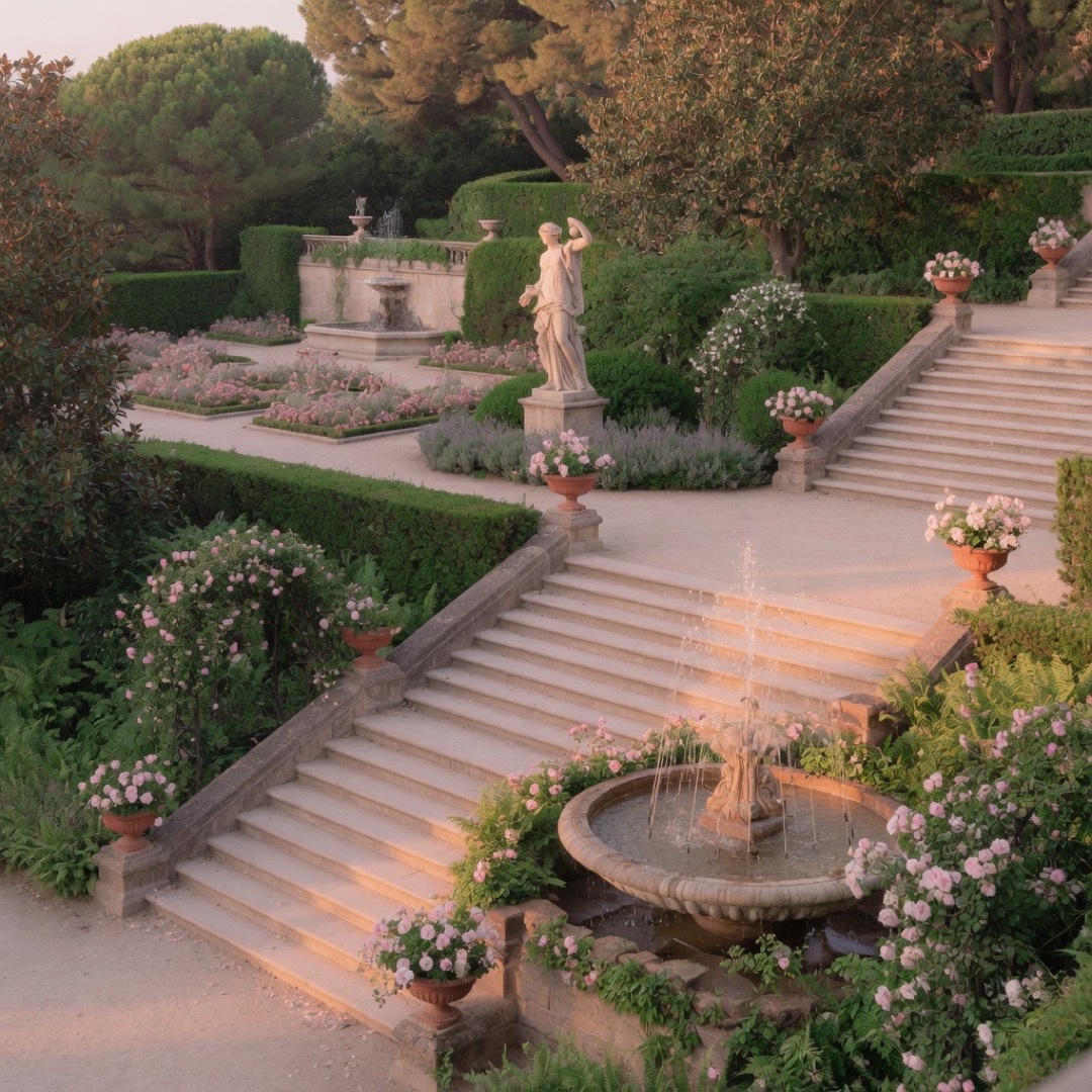 Terraced gardens and sculpture path at Jardins de Laribal, Montjuïc