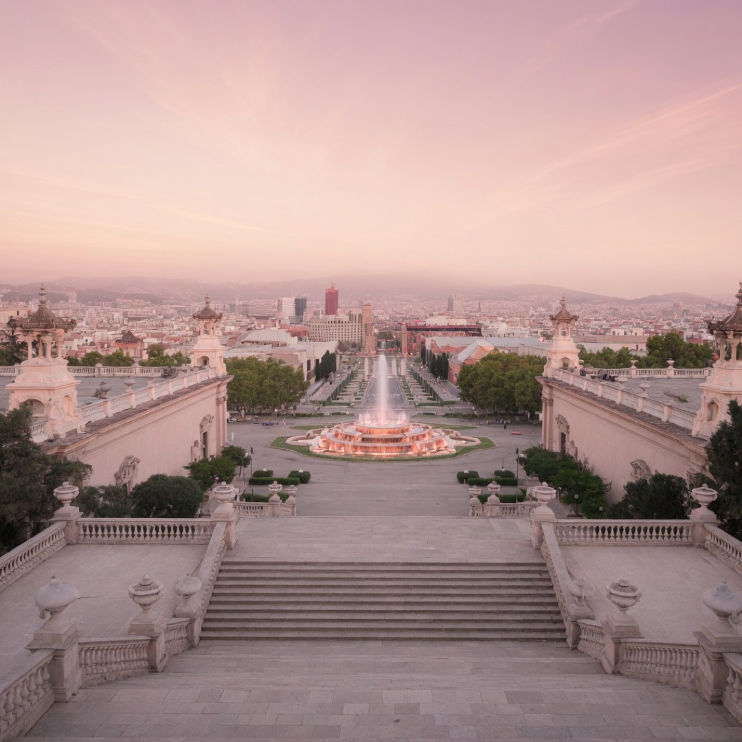 Steps and terrace of the Palau Nacional on Montjuïc at dusk