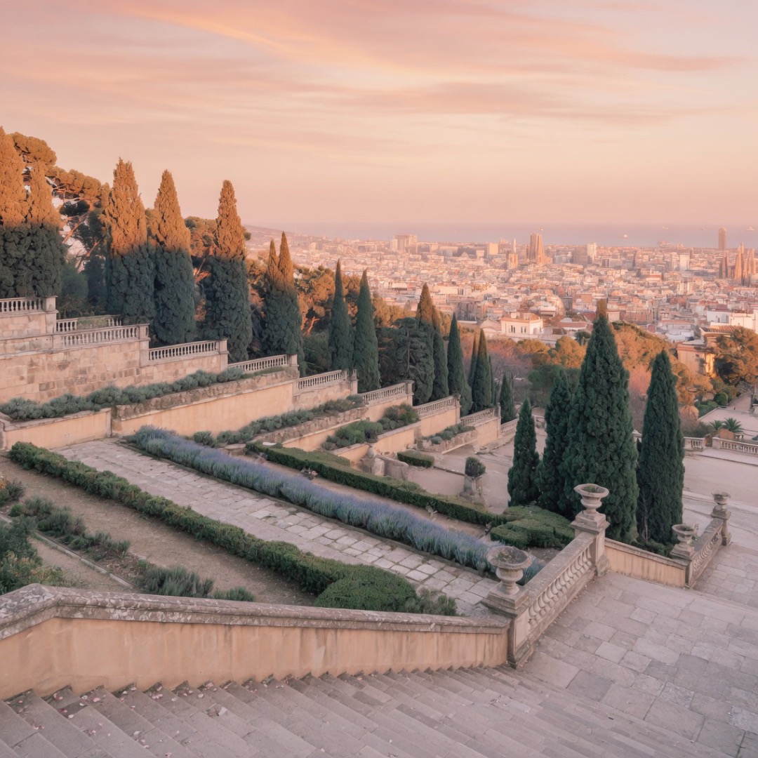 Gardens and paths of Parc de Montjuïc above Barcelona