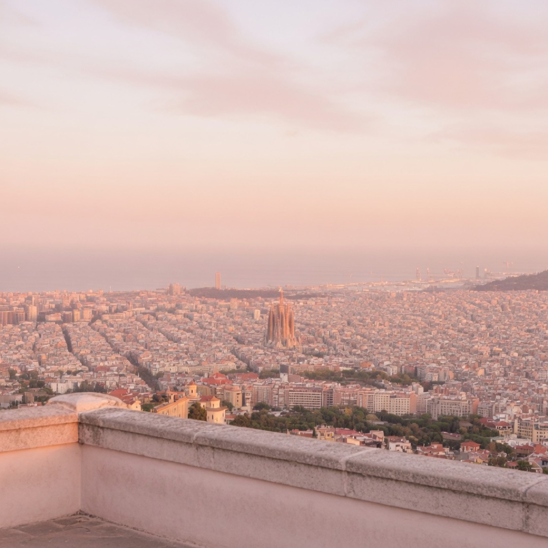 Panoramic terrace on Tibidabo with Barcelona stretching to the sea