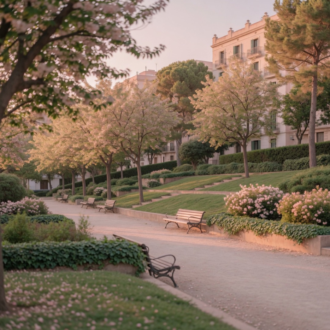Green terraces of Turó Park in a quiet Barcelona neighbourhood