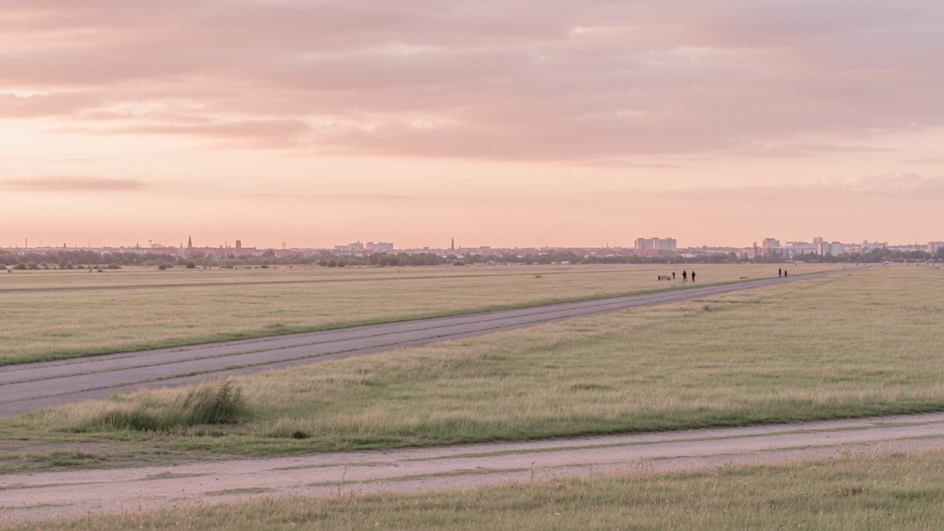 Open field with paths leading toward a distant city skyline at dusk in Berlin