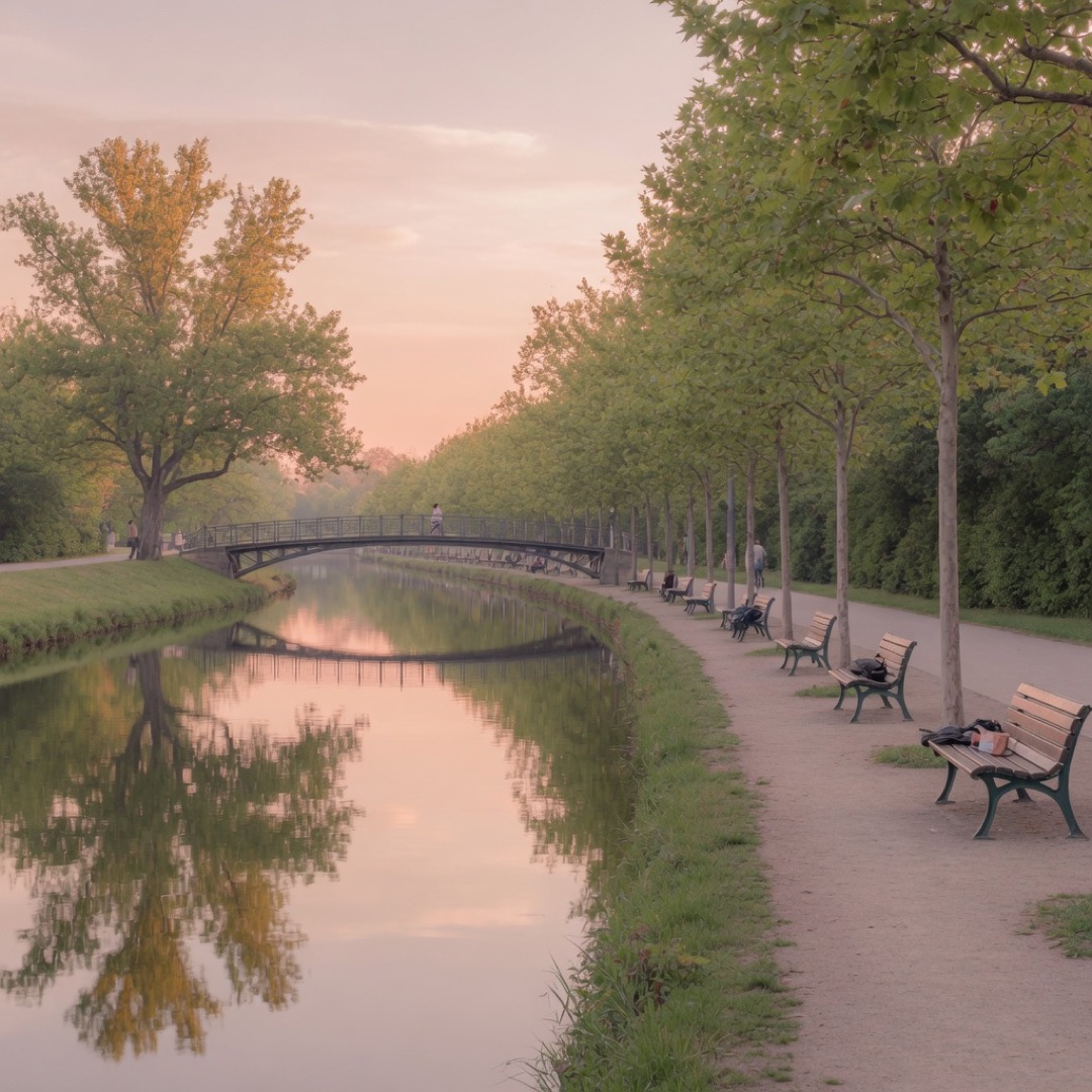 Tree-lined canal path along the Landwehrkanal in Berlin