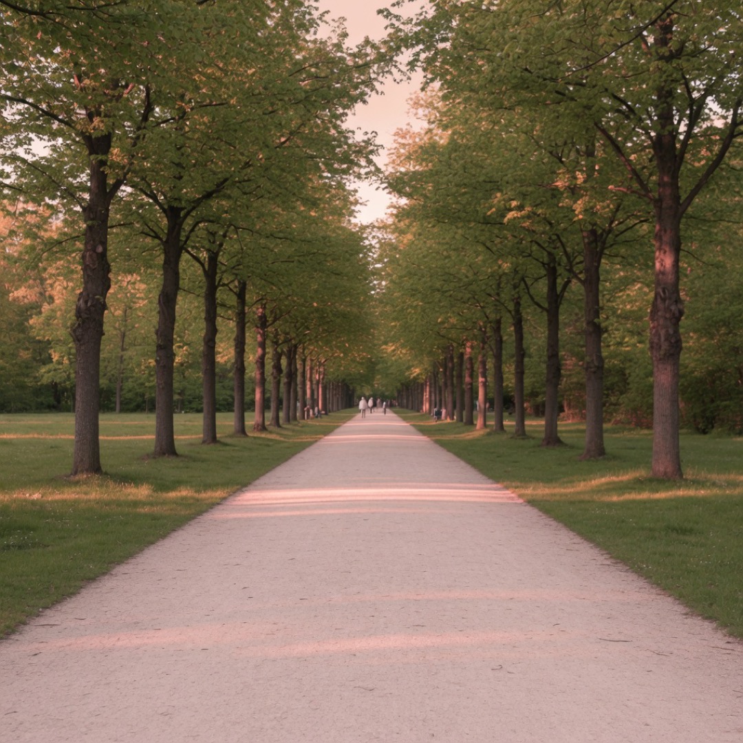 Tree-lined path through Tiergarten park in Berlin