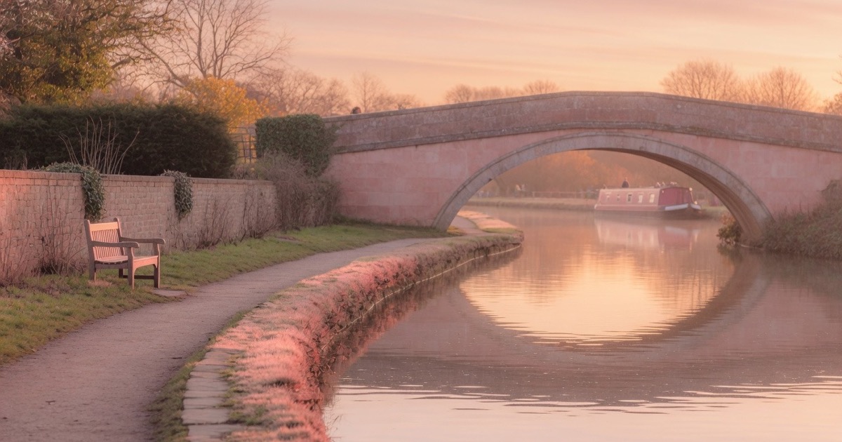 Soft dusk light over Birmingham canals and city edge