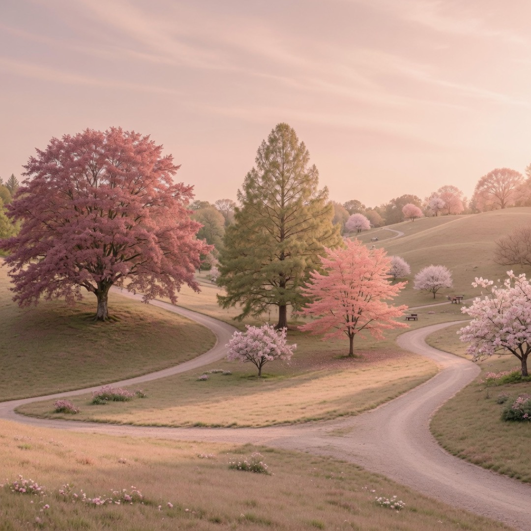 Garden paths and trees at the Arnold Arboretum, Boston