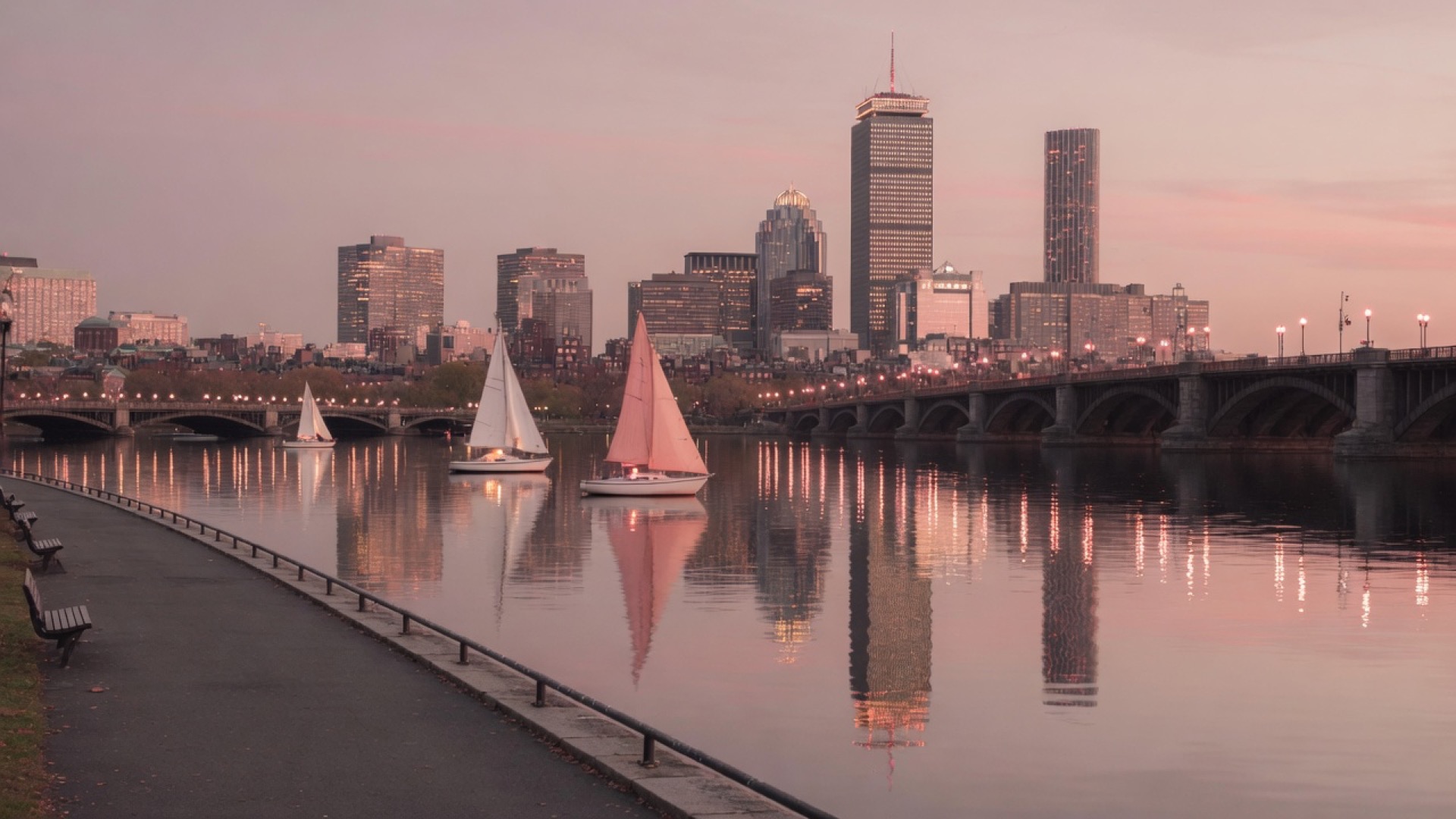 Charles River and the Boston skyline at dusk