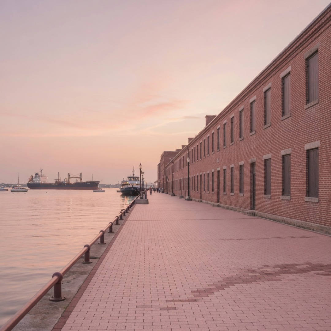 Waterfront path and skyline at Charlestown Navy Yard, Boston