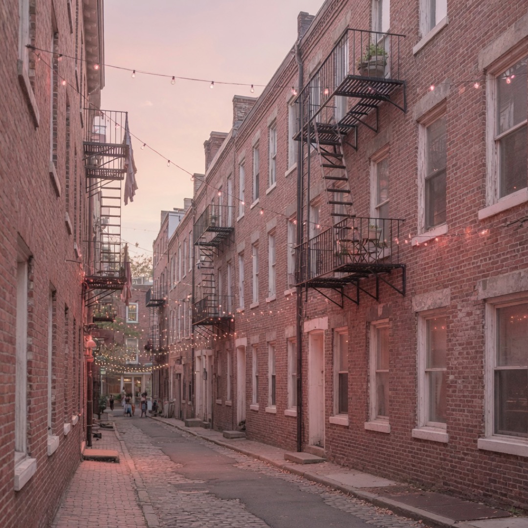 Street and terrace view in the North End, Boston