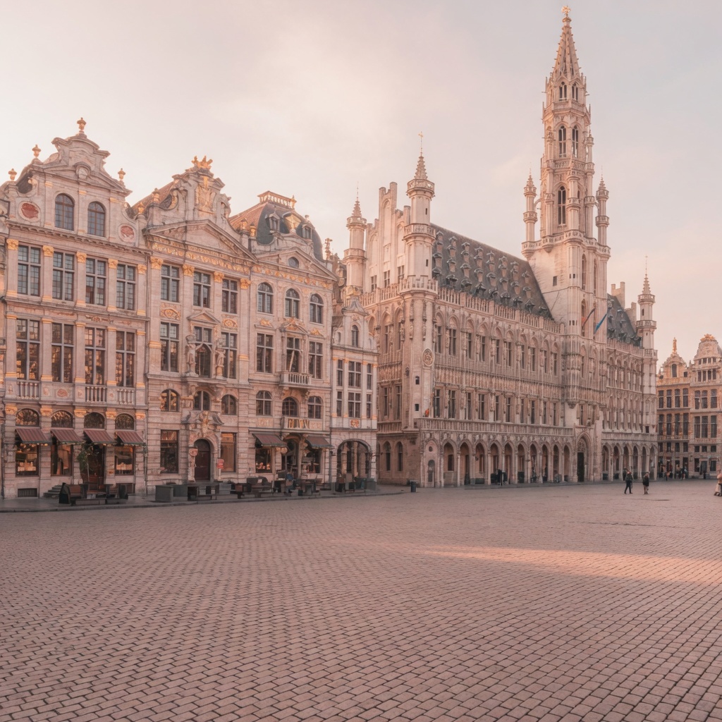 The gothic town hall and guild houses of the Grand-Place at golden hour