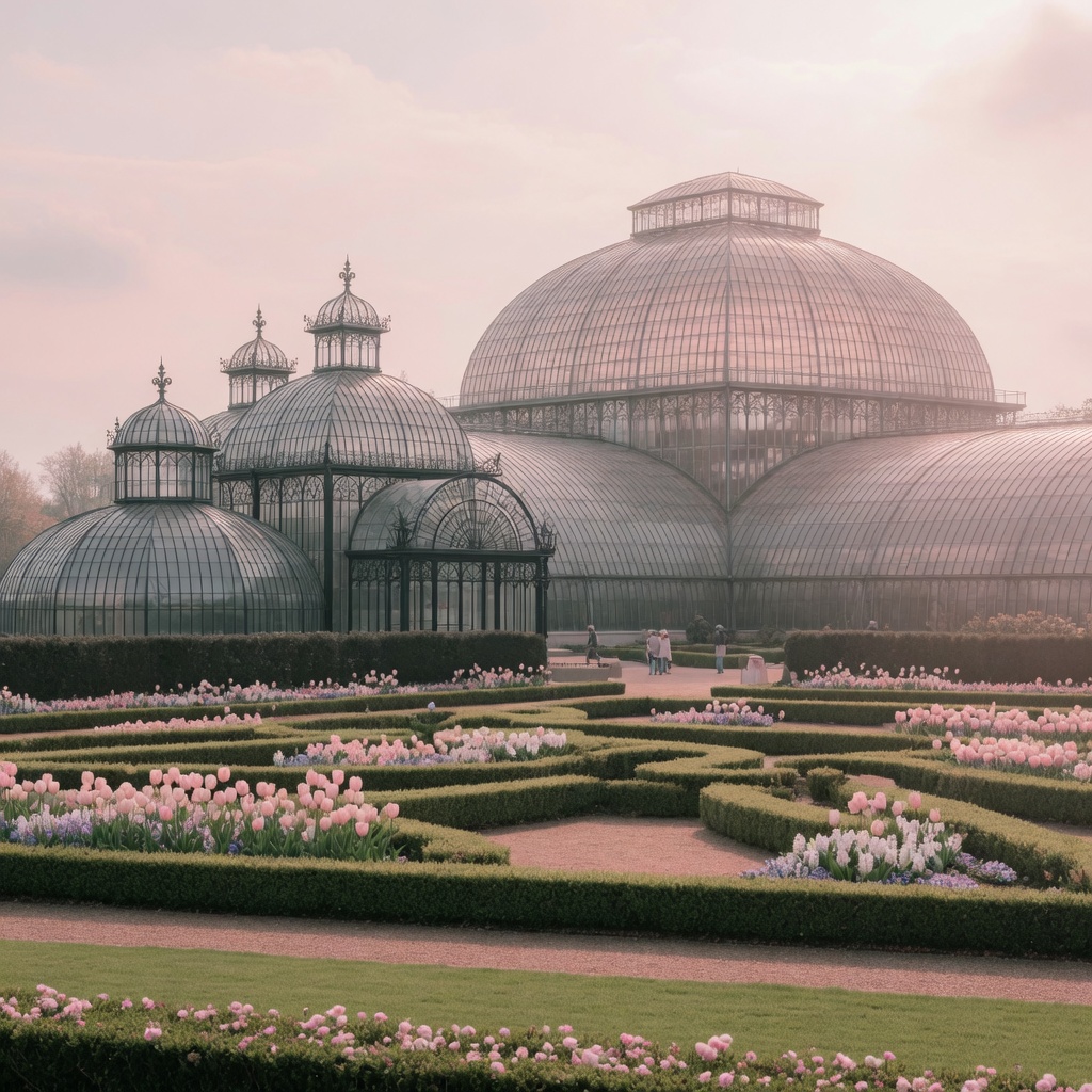 The glass domes of the Royal Greenhouses rising above the Laeken park
