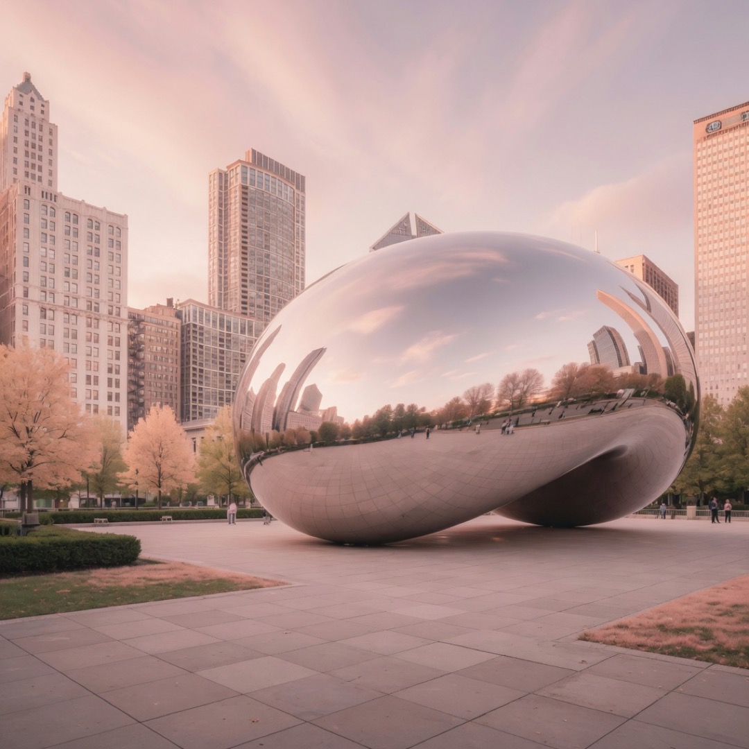 Reflective sculpture and park plaza at Millennium Park, Chicago