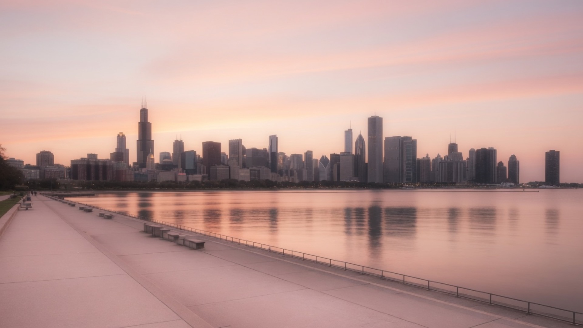 Lakefront path and skyline at dusk in Chicago