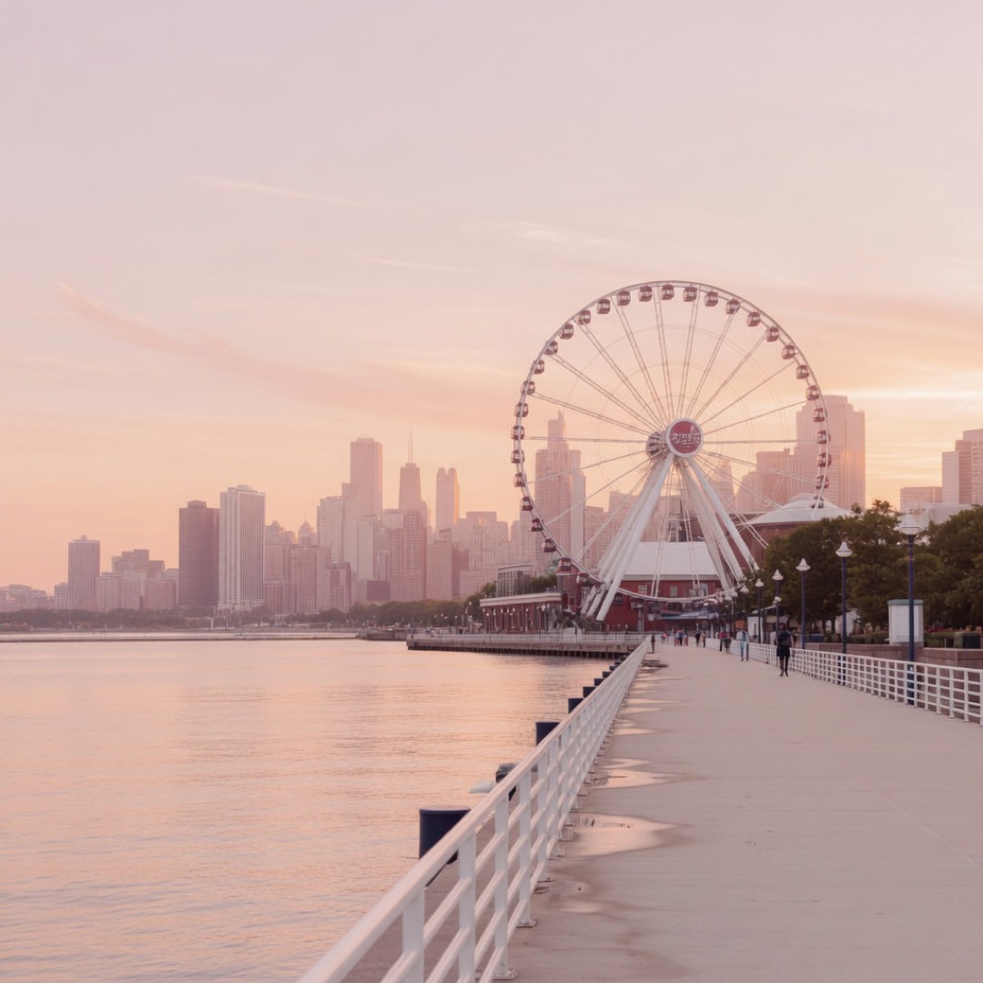 Lakefront approach to Navy Pier with Chicago skyline