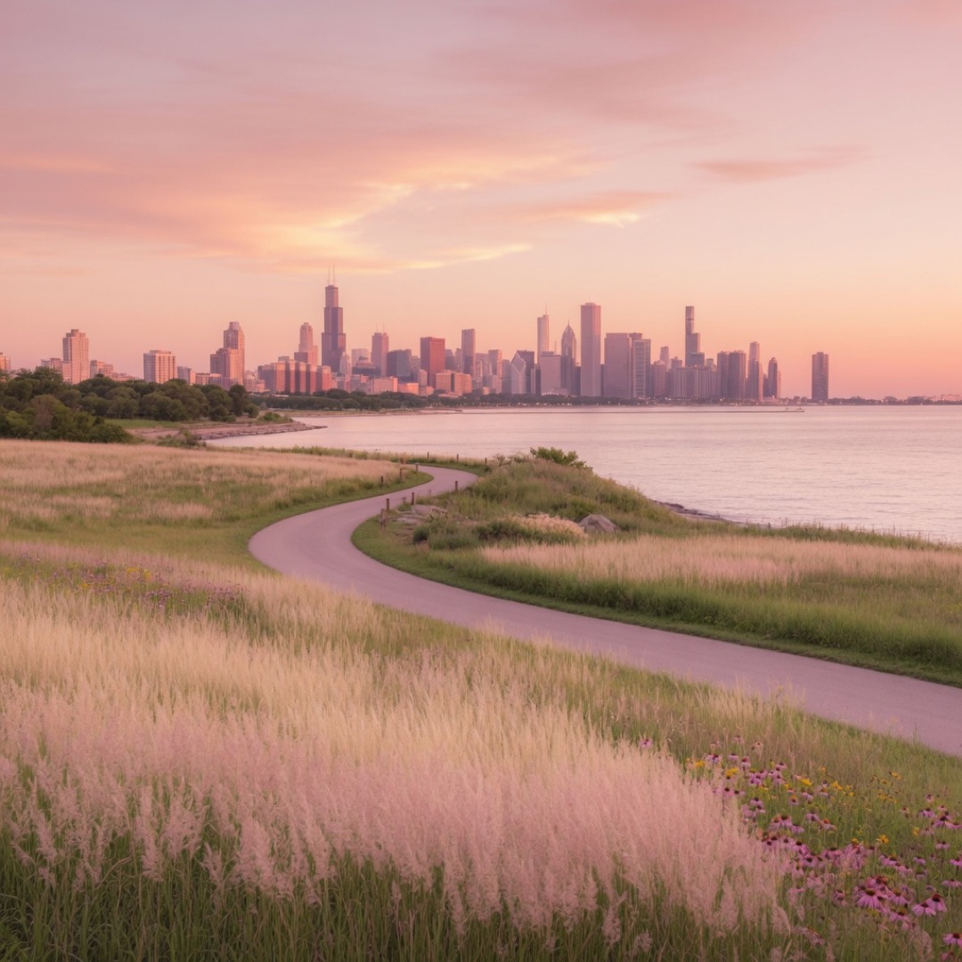 Quiet lakeside path at Northerly Island, Chicago