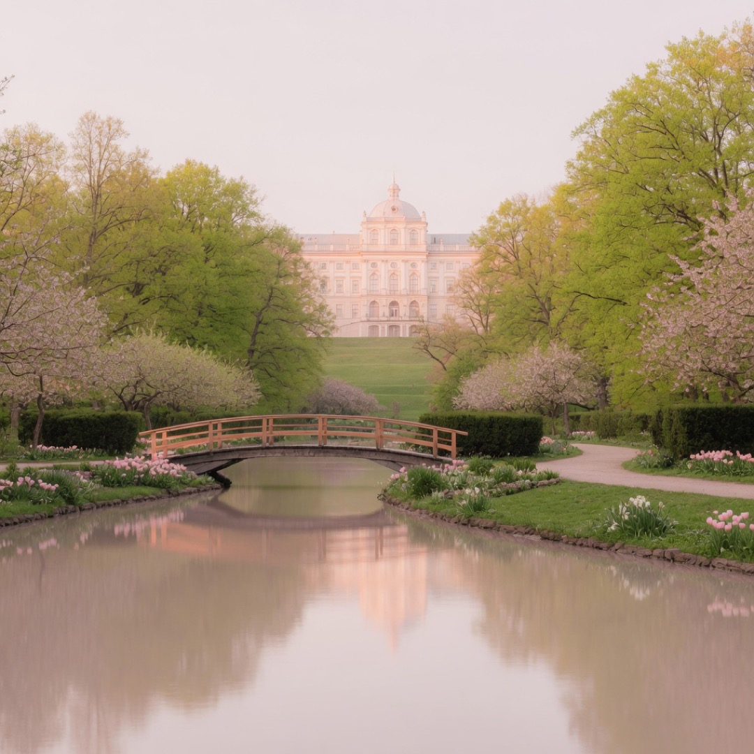 Canals and the palace on its hilltop in Frederiksberg Have