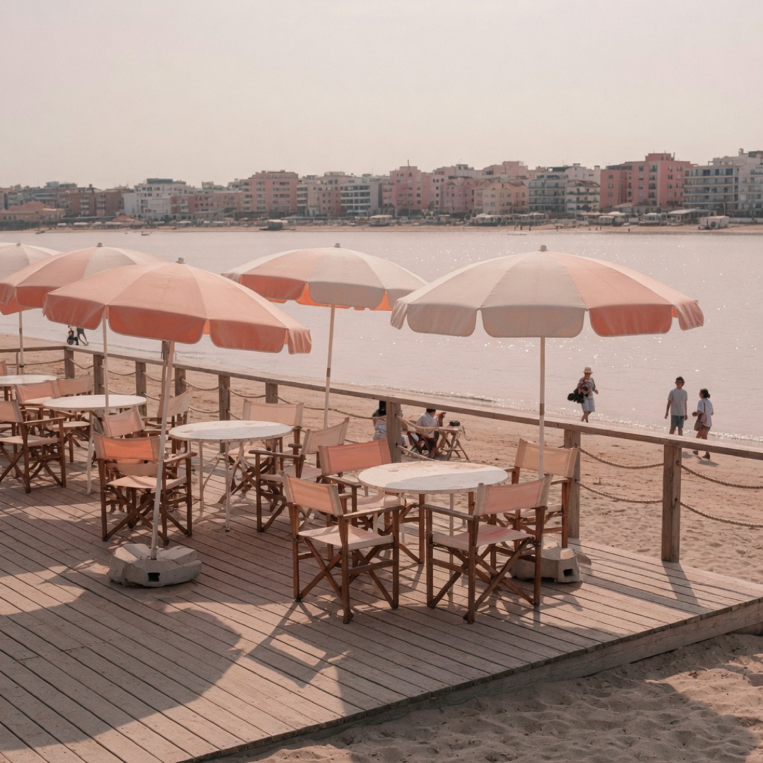 Beach furniture and water views at the Halvandet beach bar