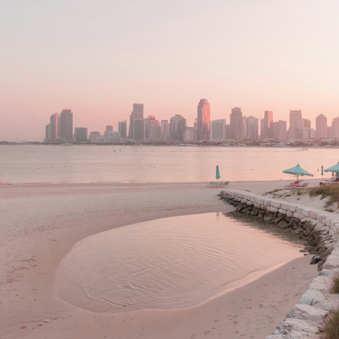 The artificial beach of Havnevigen with the city skyline behind