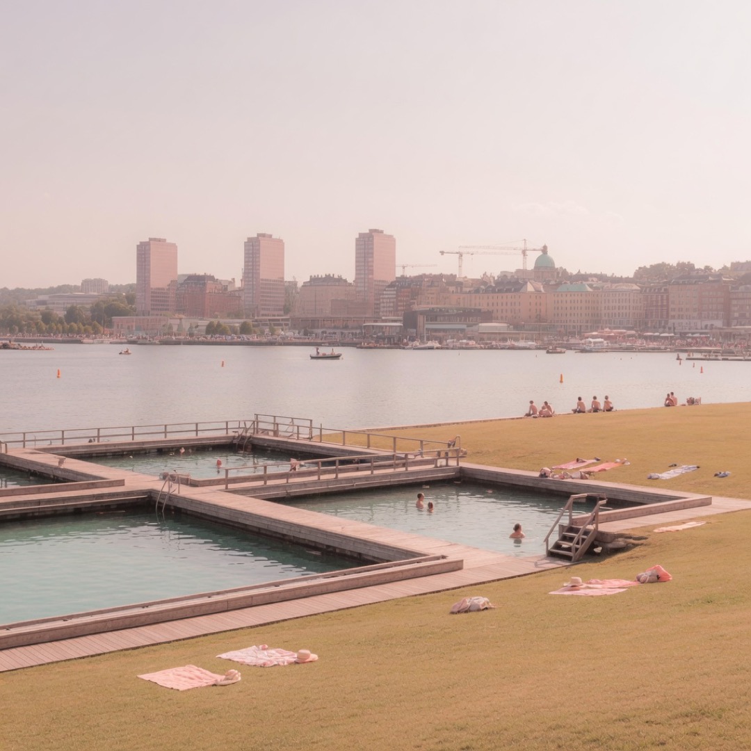 The harbour bath pools of Islands Brygge with the city across the water