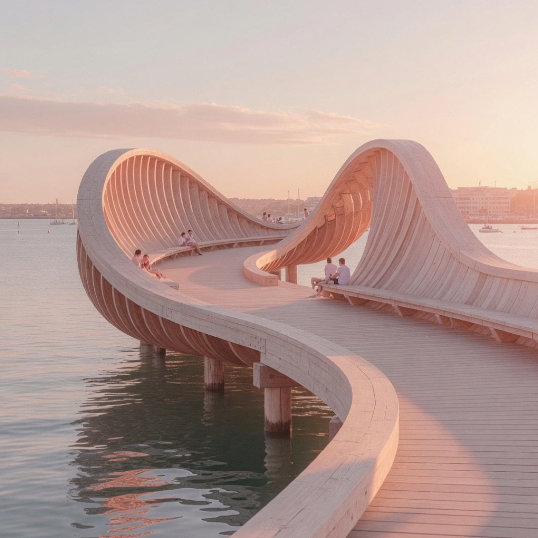 The wooden wave structure of Kalvebod Bølge over the harbour water