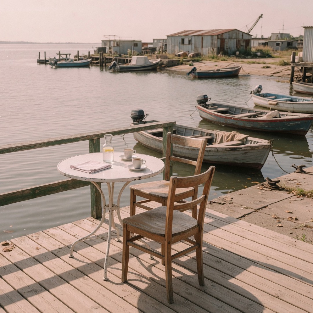 A simple café table at the water's edge on Refshaleøen