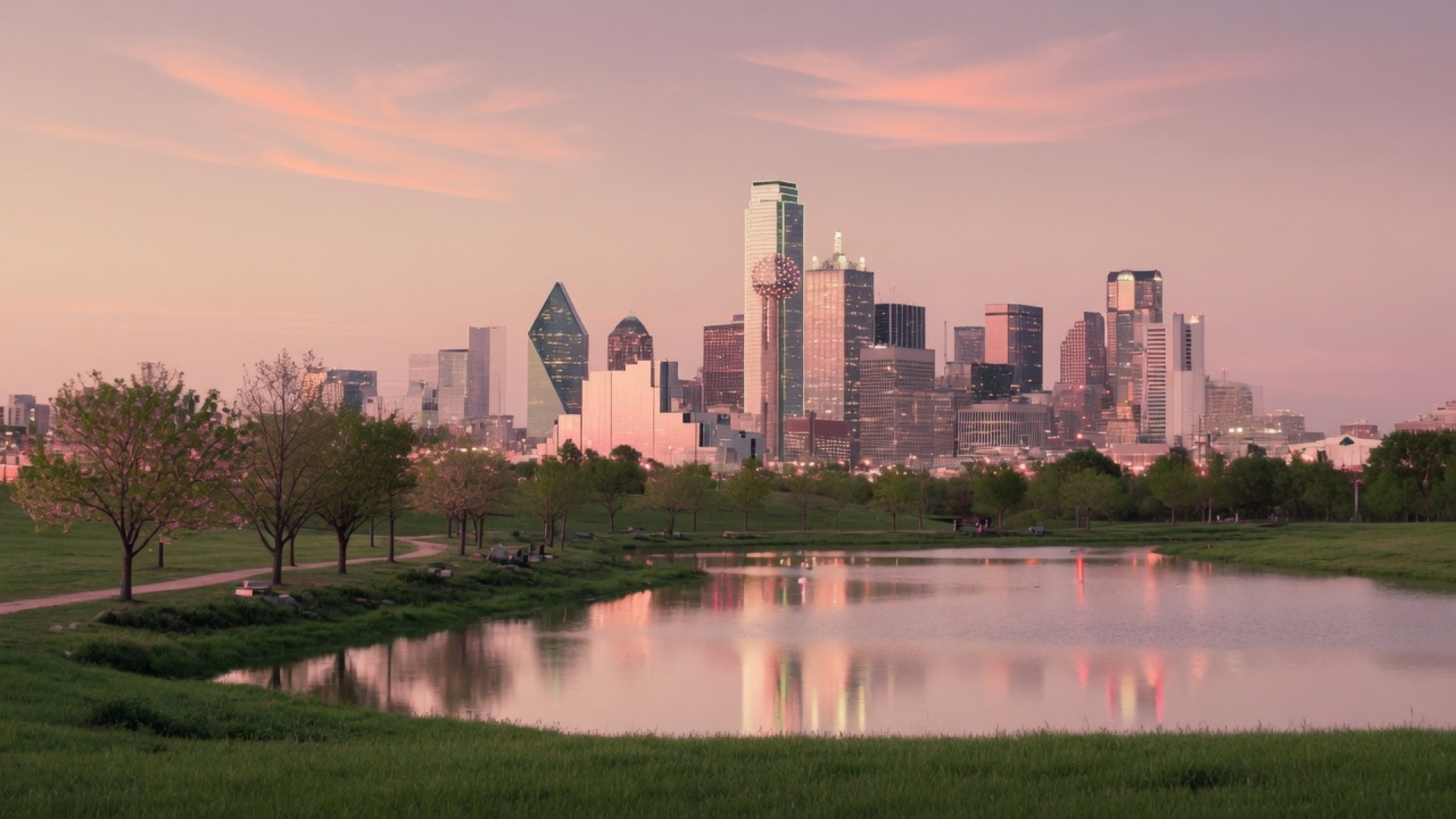 Park lawn and skyline at dusk in Dallas