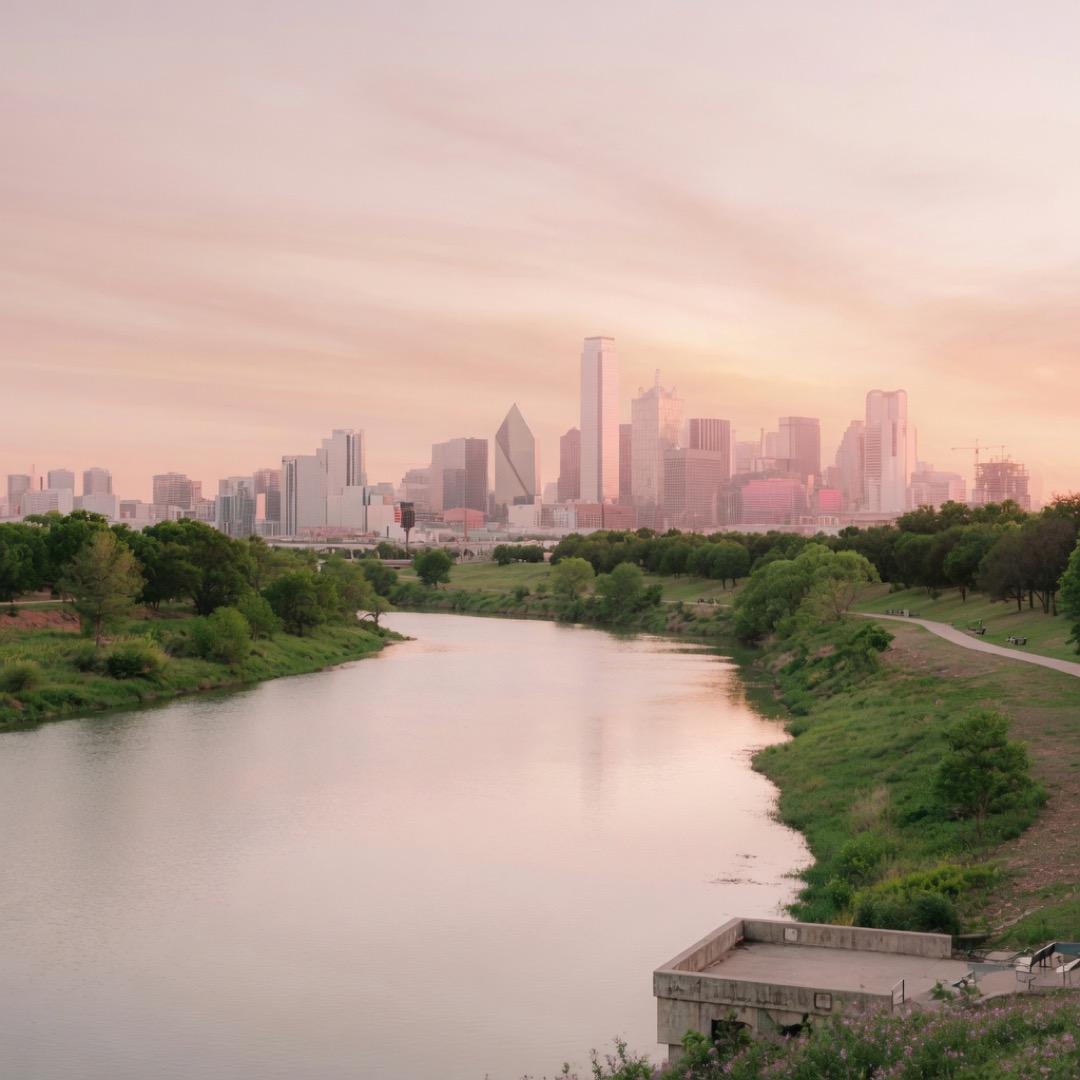 Skyline view over the river valley from Trinity Overlook, Dallas