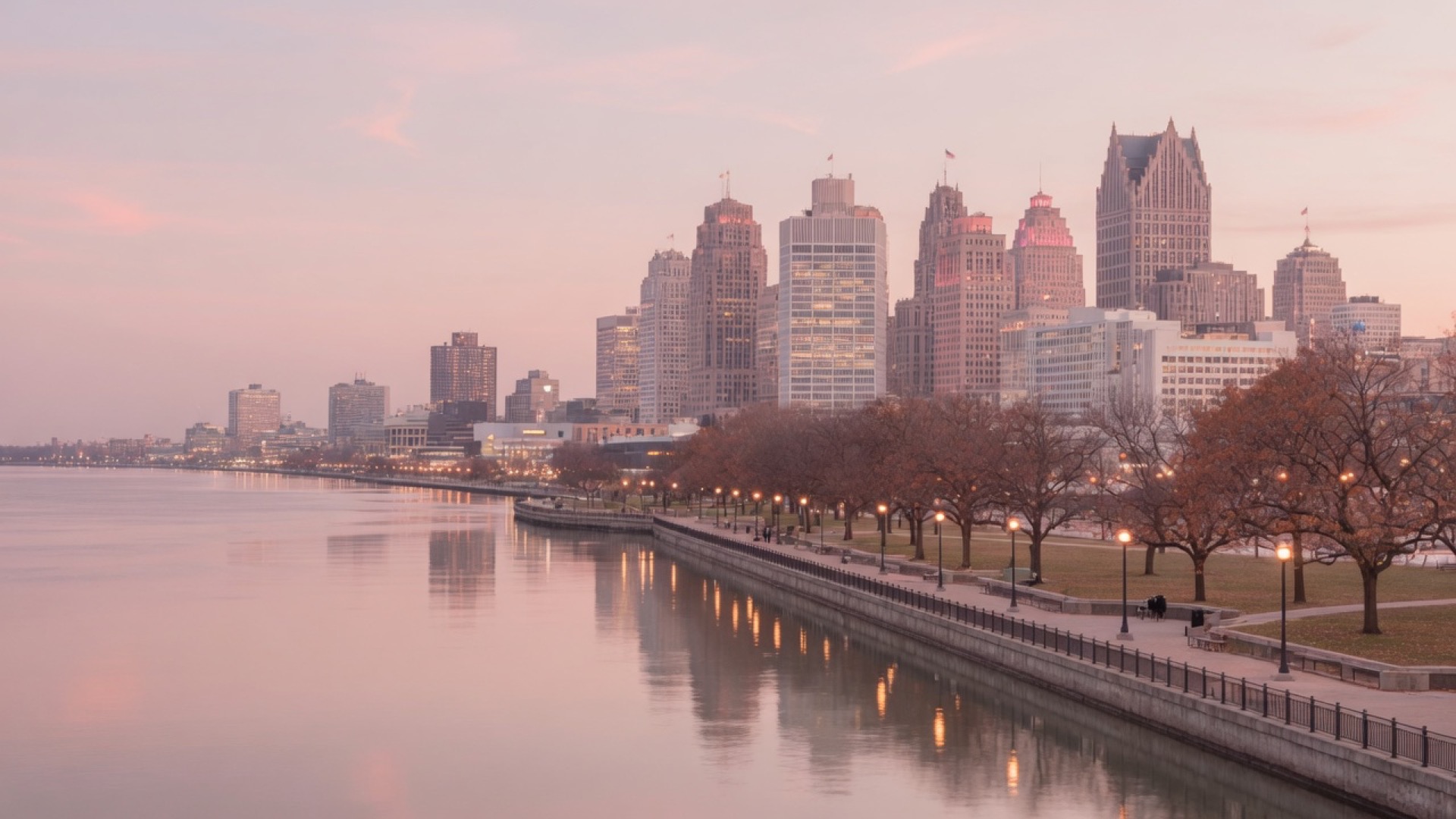 Detroit river skyline at dusk