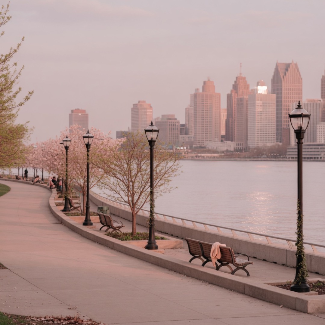 Detroit Riverwalk path and water