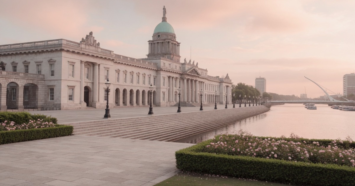 Soft Blush interpretation of St Stephen's Green in soft rain light with Georgian buildings framing the central fountain — practical walking scale, rose-blush tones on wet paths, no faces