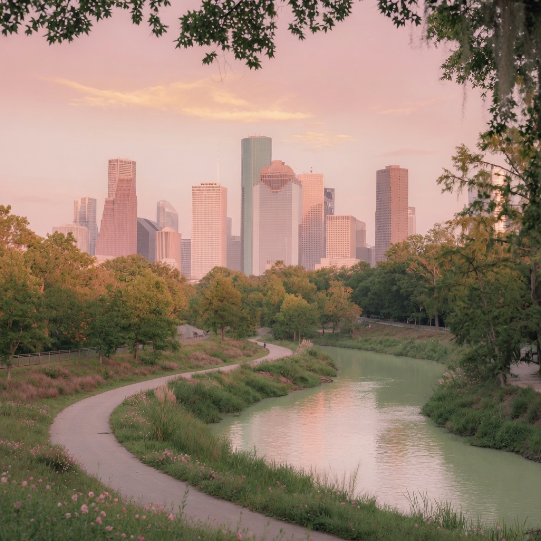 Bayou path with Houston skyline at Buffalo Bayou Park