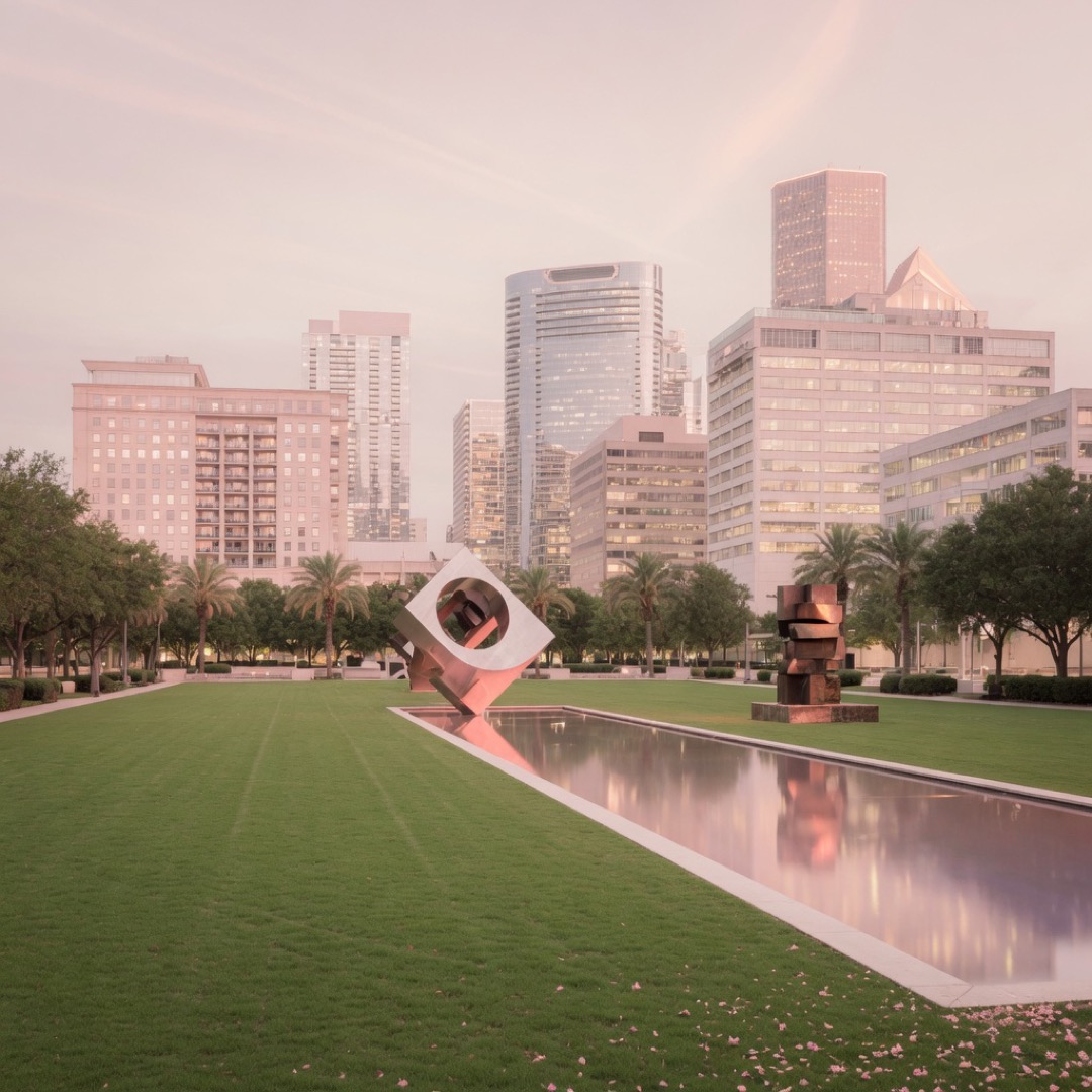 Downtown park with lawn and water at Discovery Green, Houston