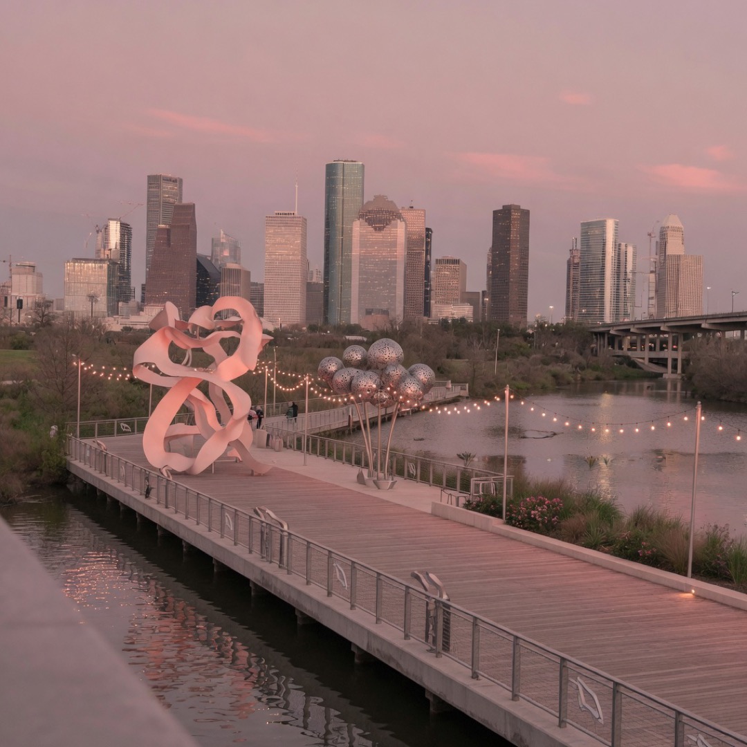 Promenade with skyline view along the bayou in Houston