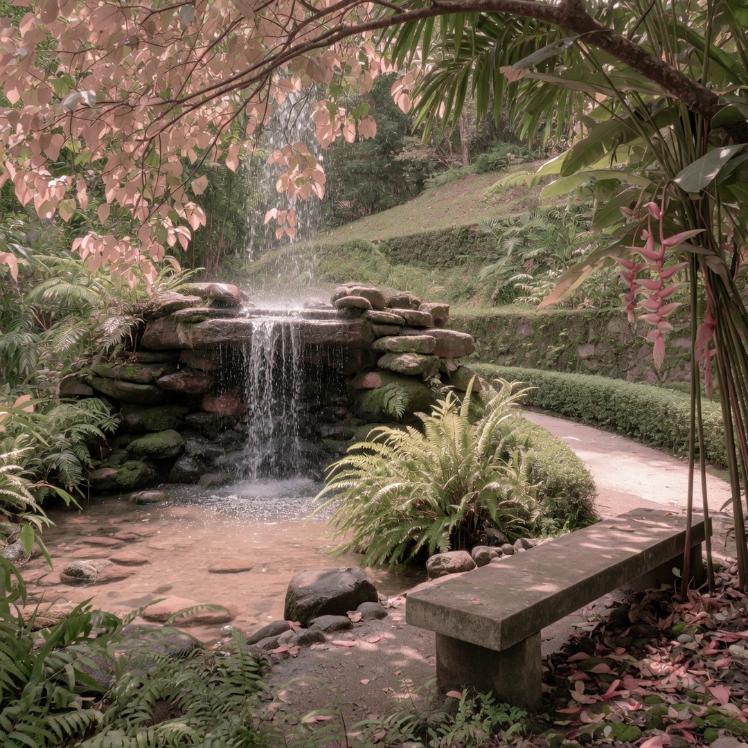 The quiet corner by the waterfall at Perdana Botanical Garden (second distinct zone) — Soft Blush practical date pin