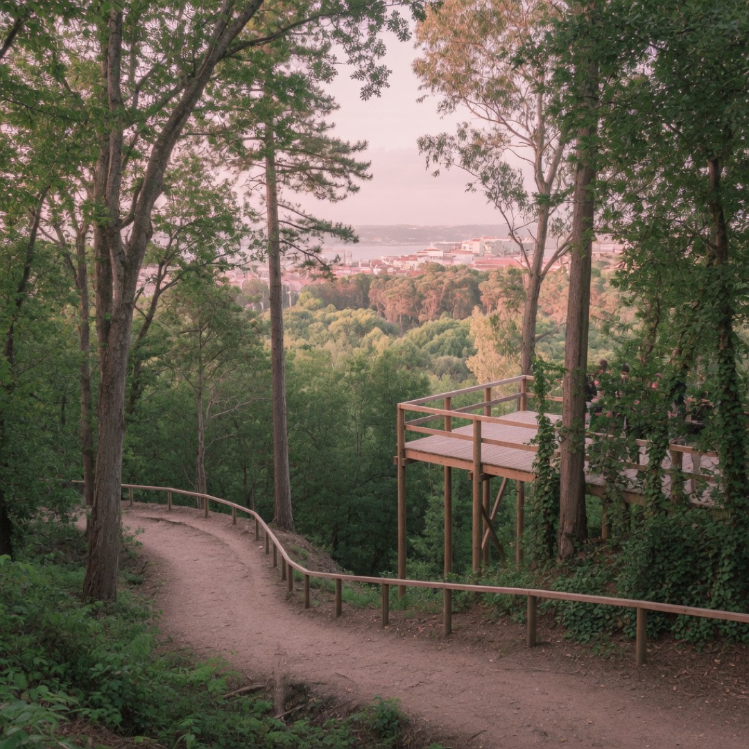 Forest trails and a viewpoint inside Monsanto park above Lisbon