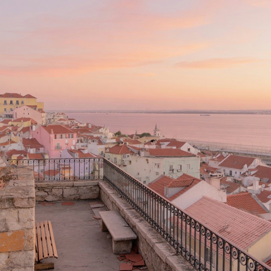 Hilltop viewpoint over Lisbon rooftops toward the Tagus at sunset