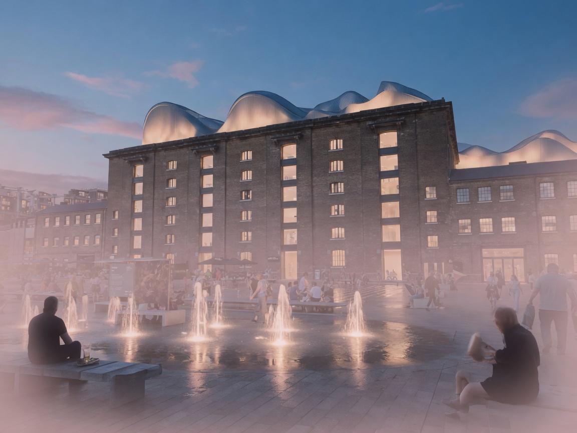 Evening fountains at Granary Square, King's Cross