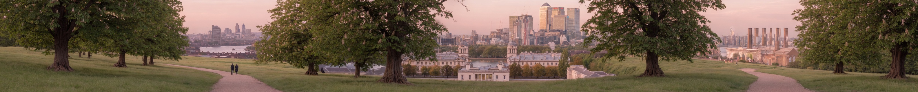 Greenwich Park hillside looking toward the Thames and Canary Wharf