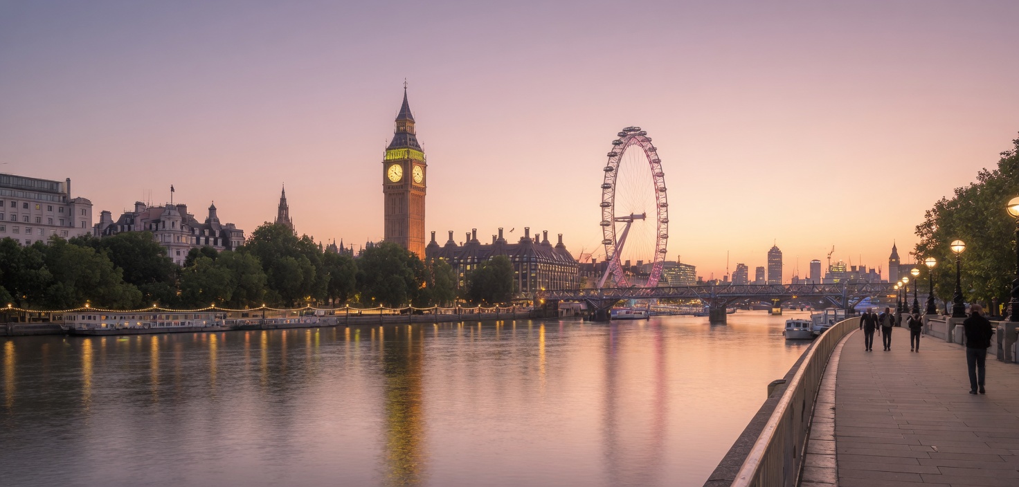 Evening light on the Thames along London's South Bank
