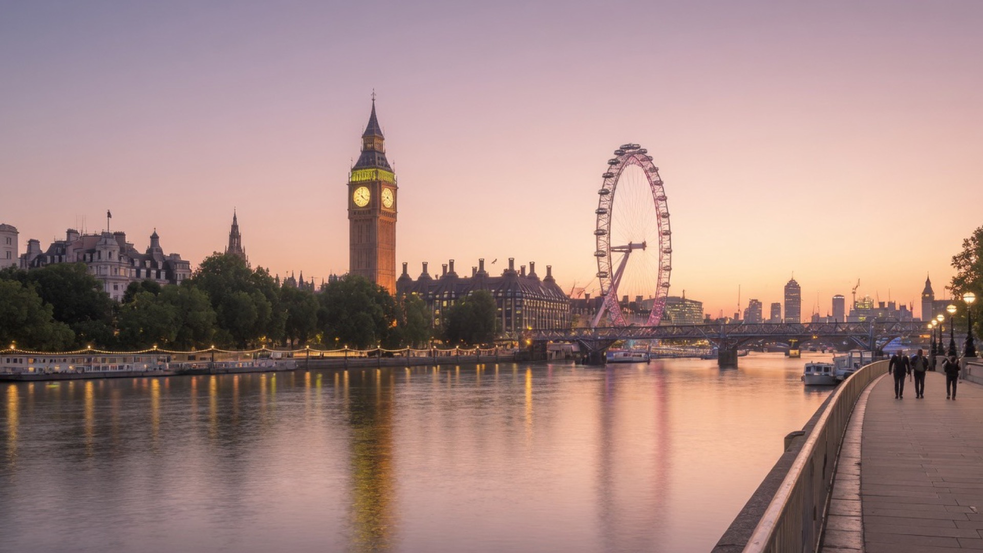 Golden hour light along the Thames on the South Bank with bridges and distant skyline in soft rose blush grade
