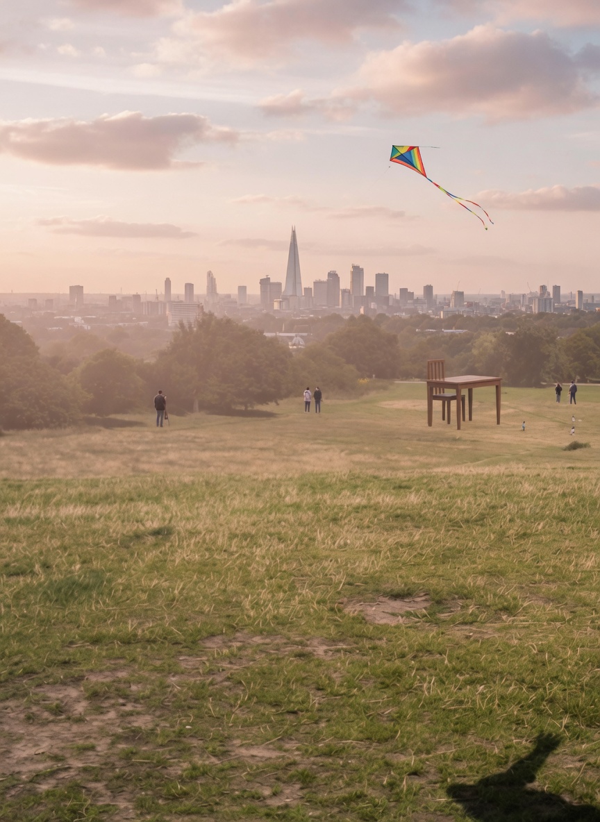 Open grass and London skyline from Parliament Hill on Hampstead Heath