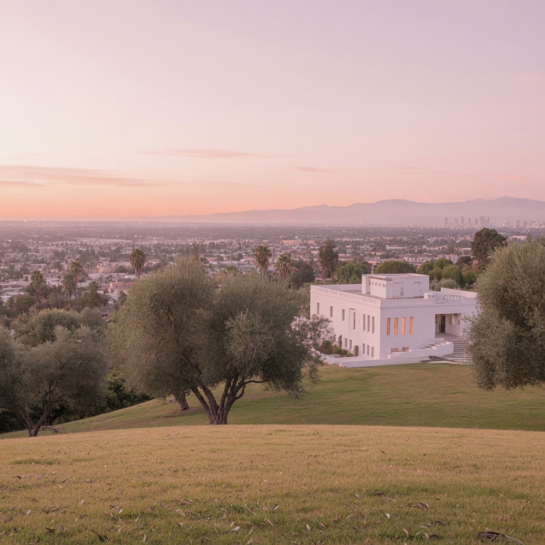 Hilltop lawn with city view at Barnsdall Art Park, Los Angeles